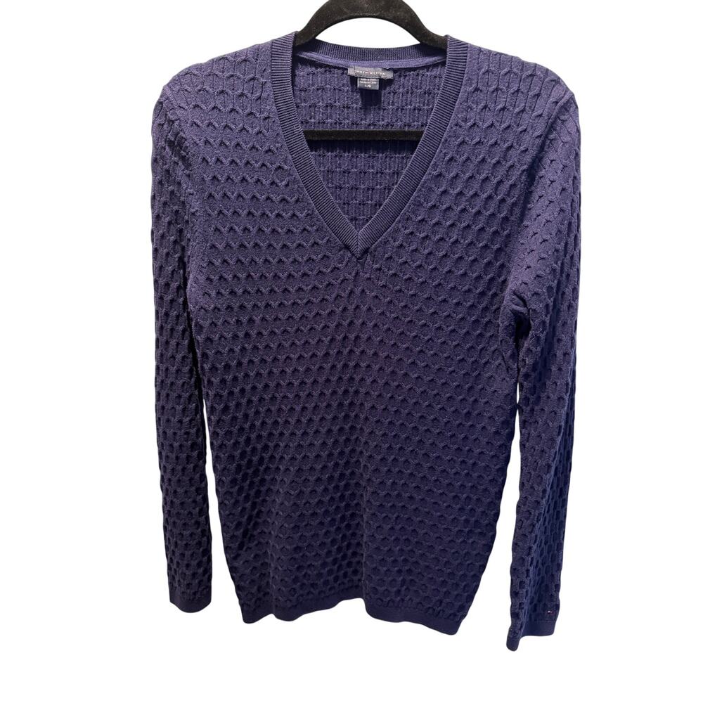 Tommy Hilfiger Mens L Navy Blue V-Neck Sweater Open Waffle Honeycomb Knit Preppy